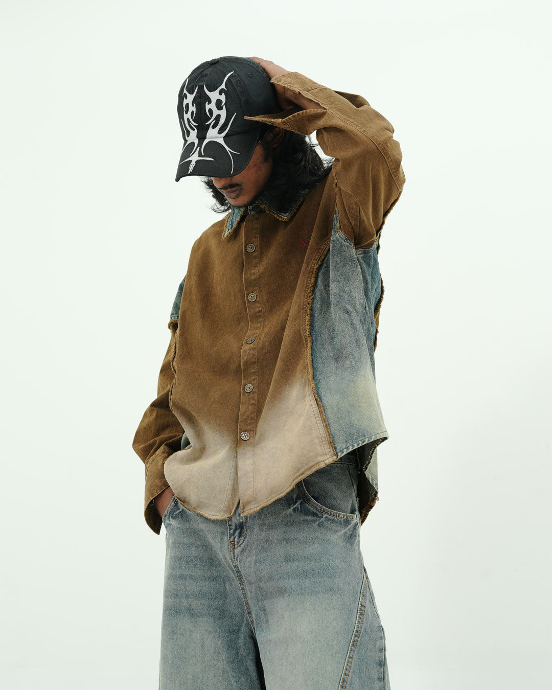 OVERSIZED PANELLED DENIM SHIRT WITH WASHED FADE FINISH