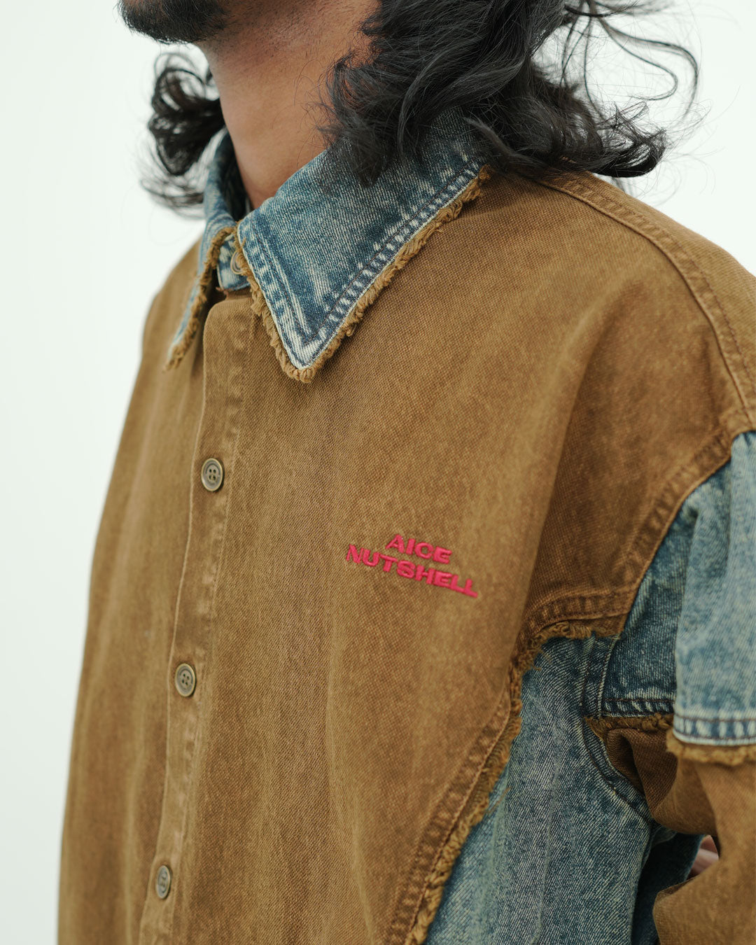 OVERSIZED PANELLED DENIM SHIRT WITH WASHED FADE FINISH