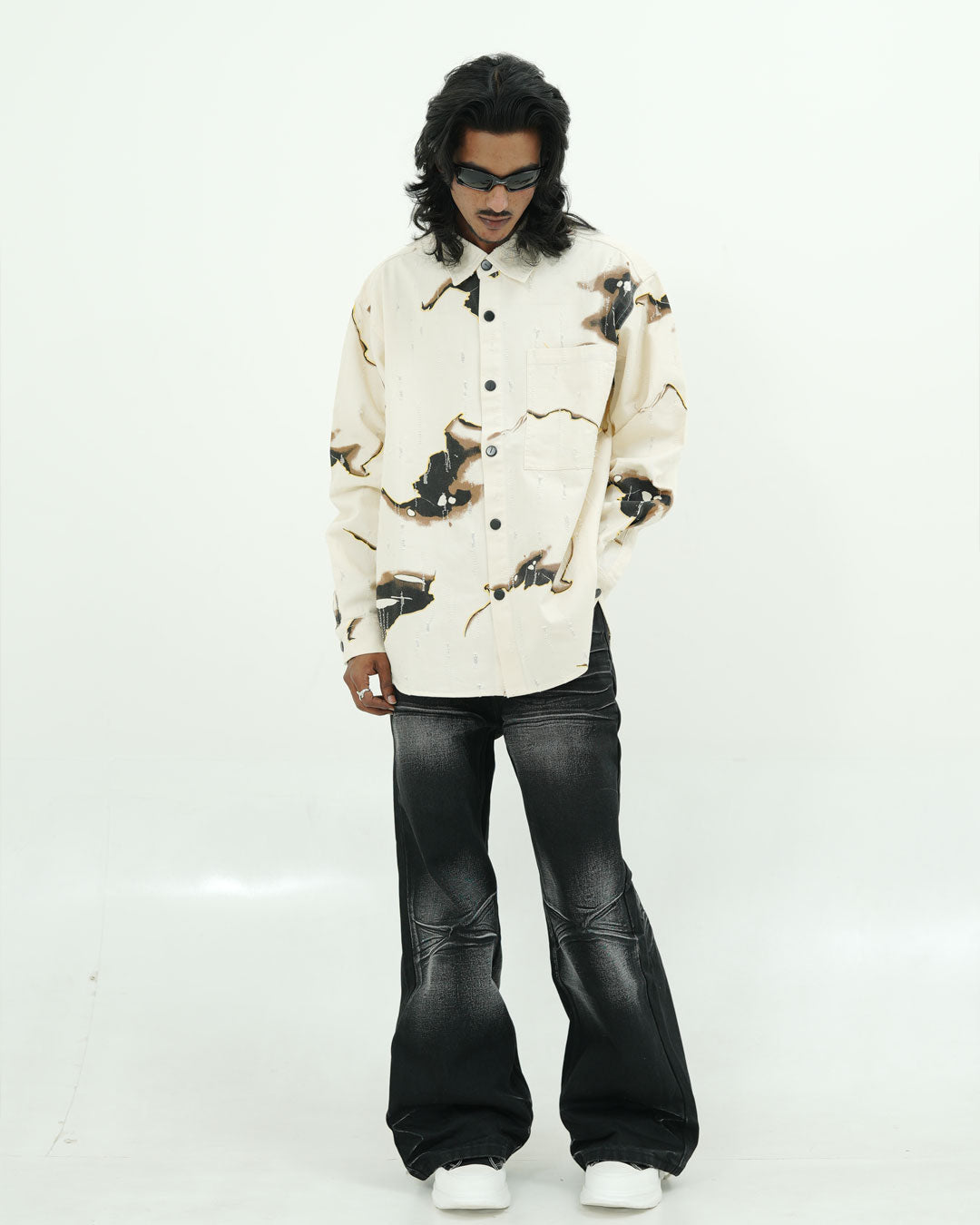 OVERSIZED ABSTRACT PRINT DENIM SHIRT