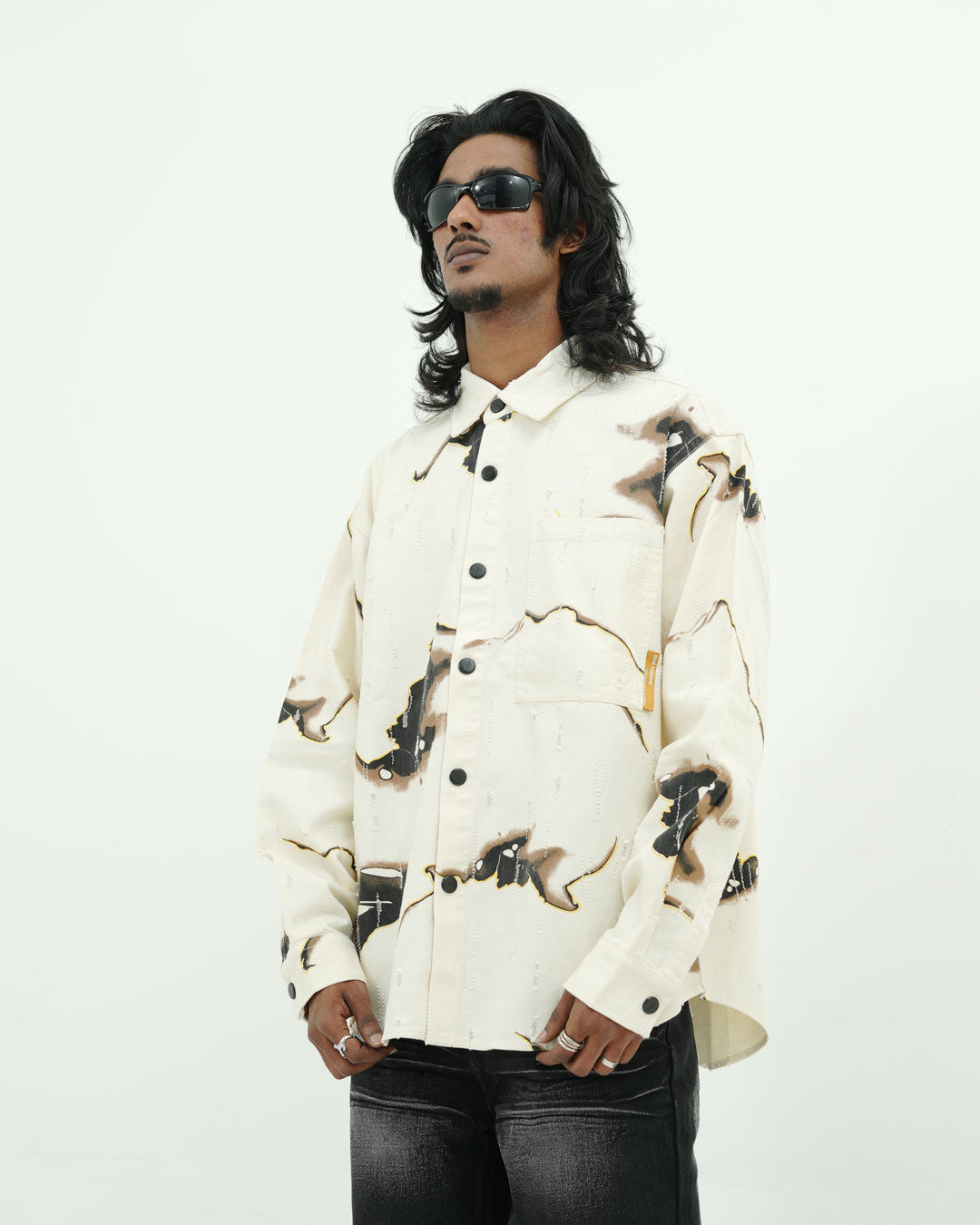 OVERSIZED ABSTRACT PRINT DENIM SHIRT