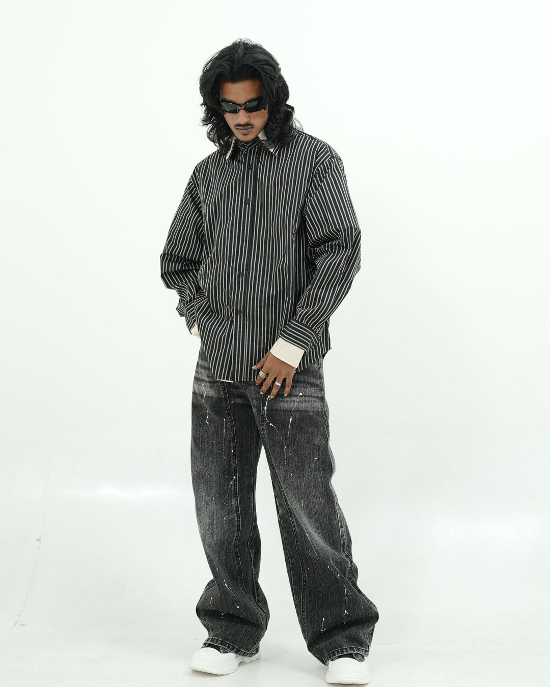 CONTRAST COLLAR BLACK PINSTRIPE FULL SLEEVE SHIRT