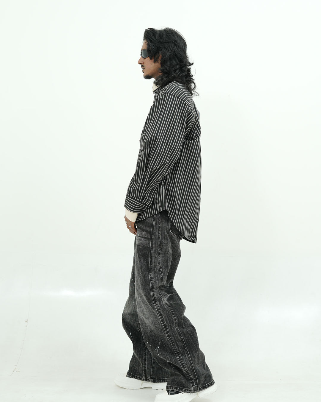 CONTRAST COLLAR BLACK PINSTRIPE FULL SLEEVE SHIRT