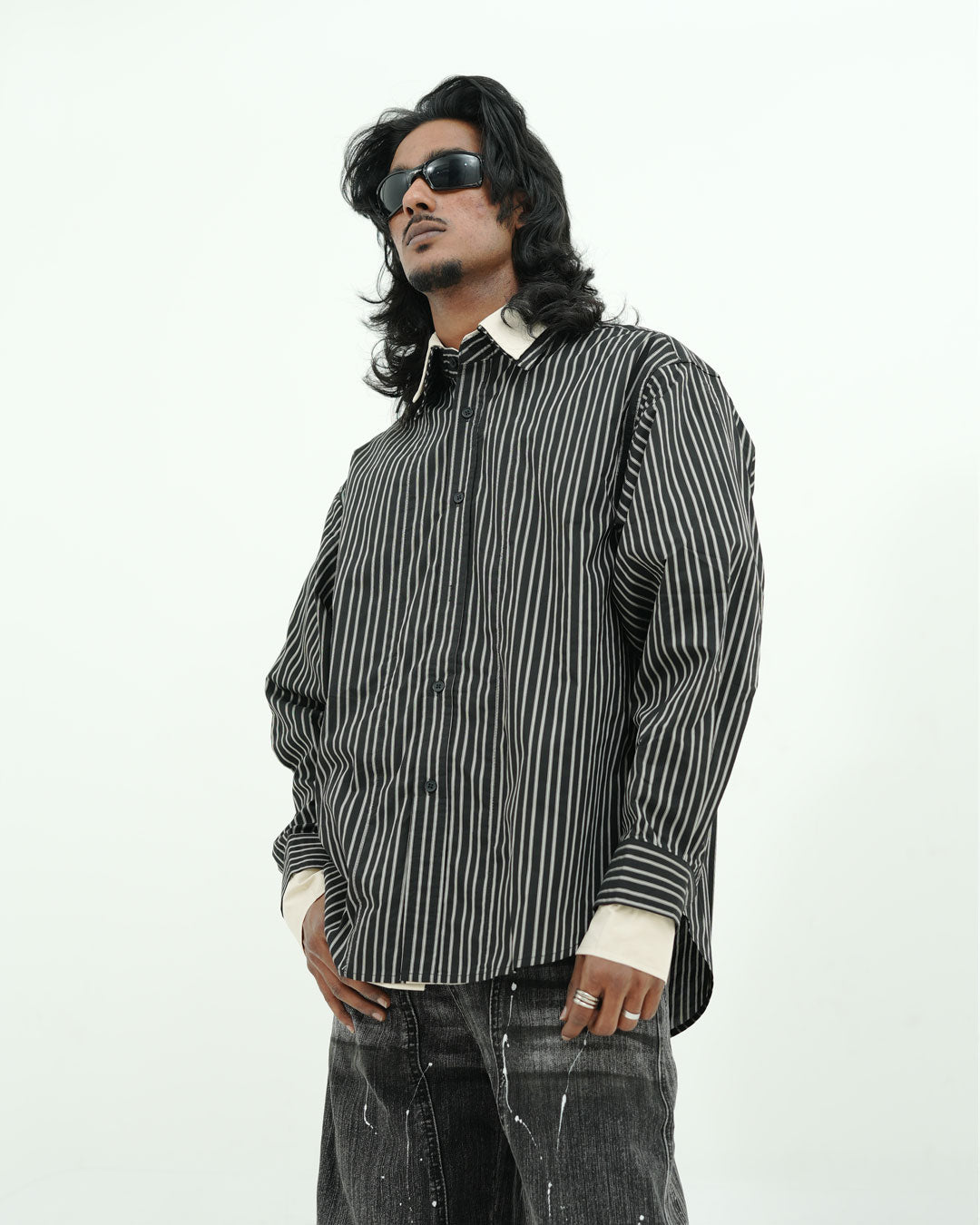 CONTRAST COLLAR BLACK PINSTRIPE FULL SLEEVE SHIRT