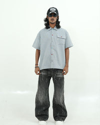 BLUE CHECK UTILITY POCKET OVERSIZED HALF SLEEVE SHIRT