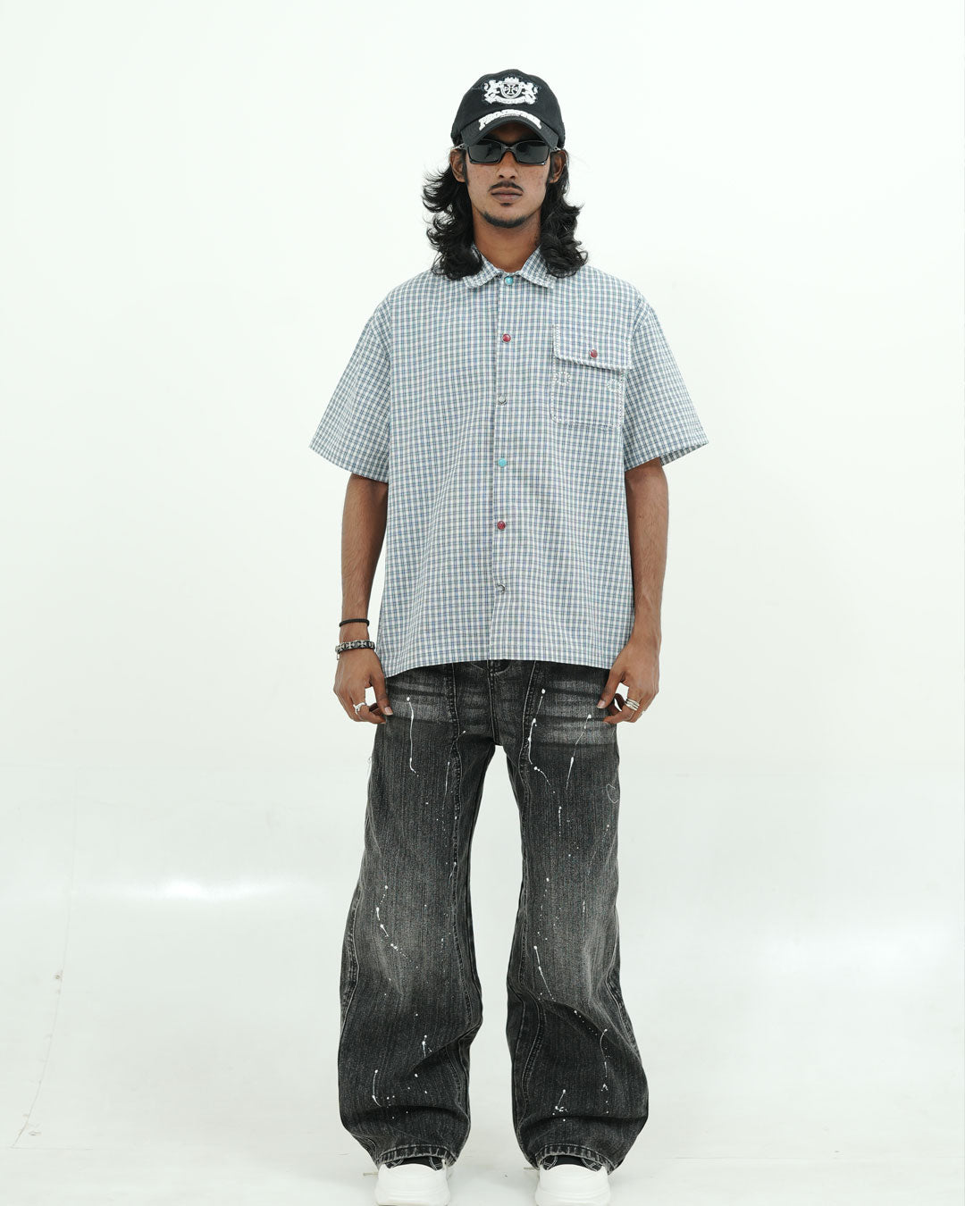 BLUE CHECK UTILITY POCKET OVERSIZED HALF SLEEVE SHIRT