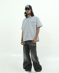BLUE CHECK UTILITY POCKET OVERSIZED HALF SLEEVE SHIRT