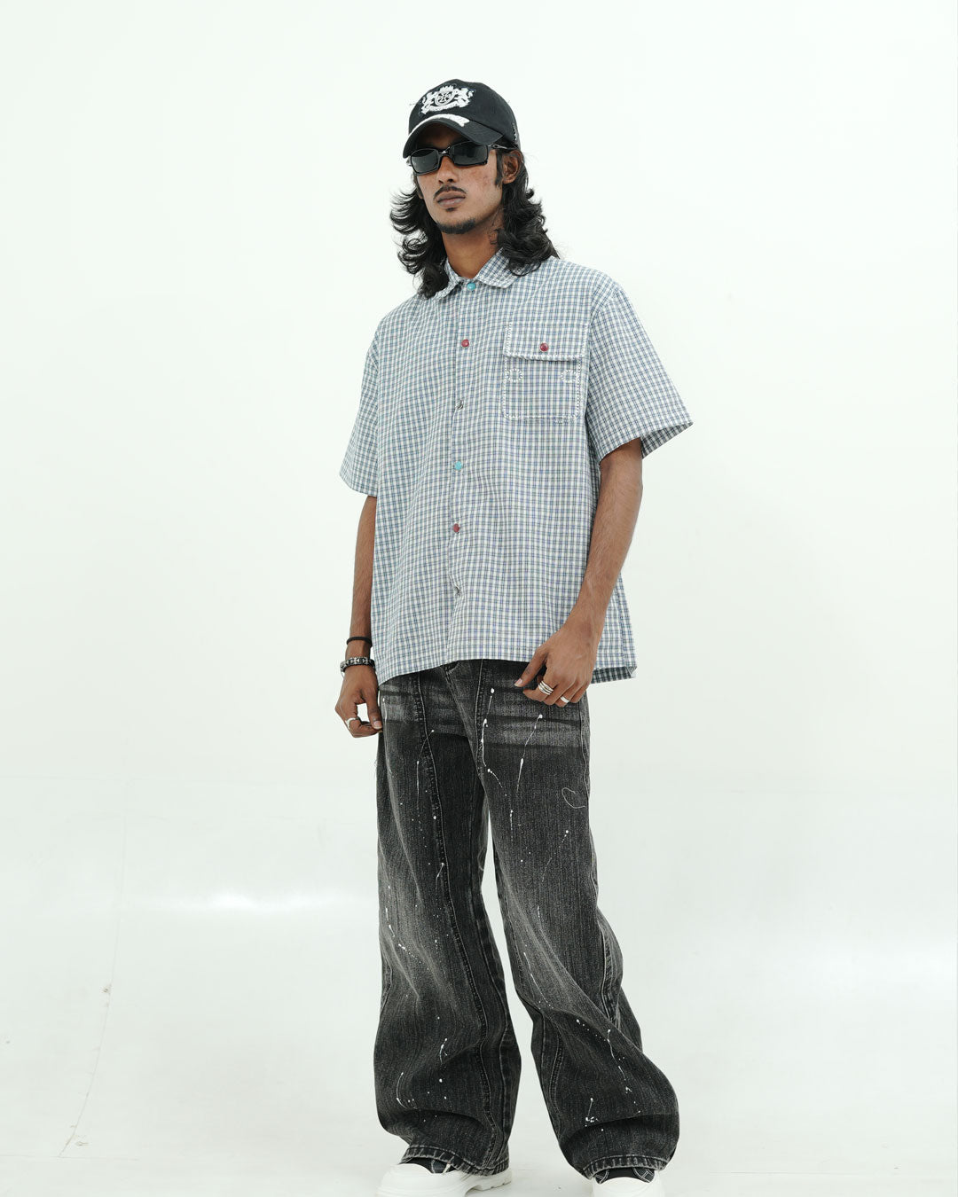 BLUE CHECK UTILITY POCKET OVERSIZED HALF SLEEVE SHIRT