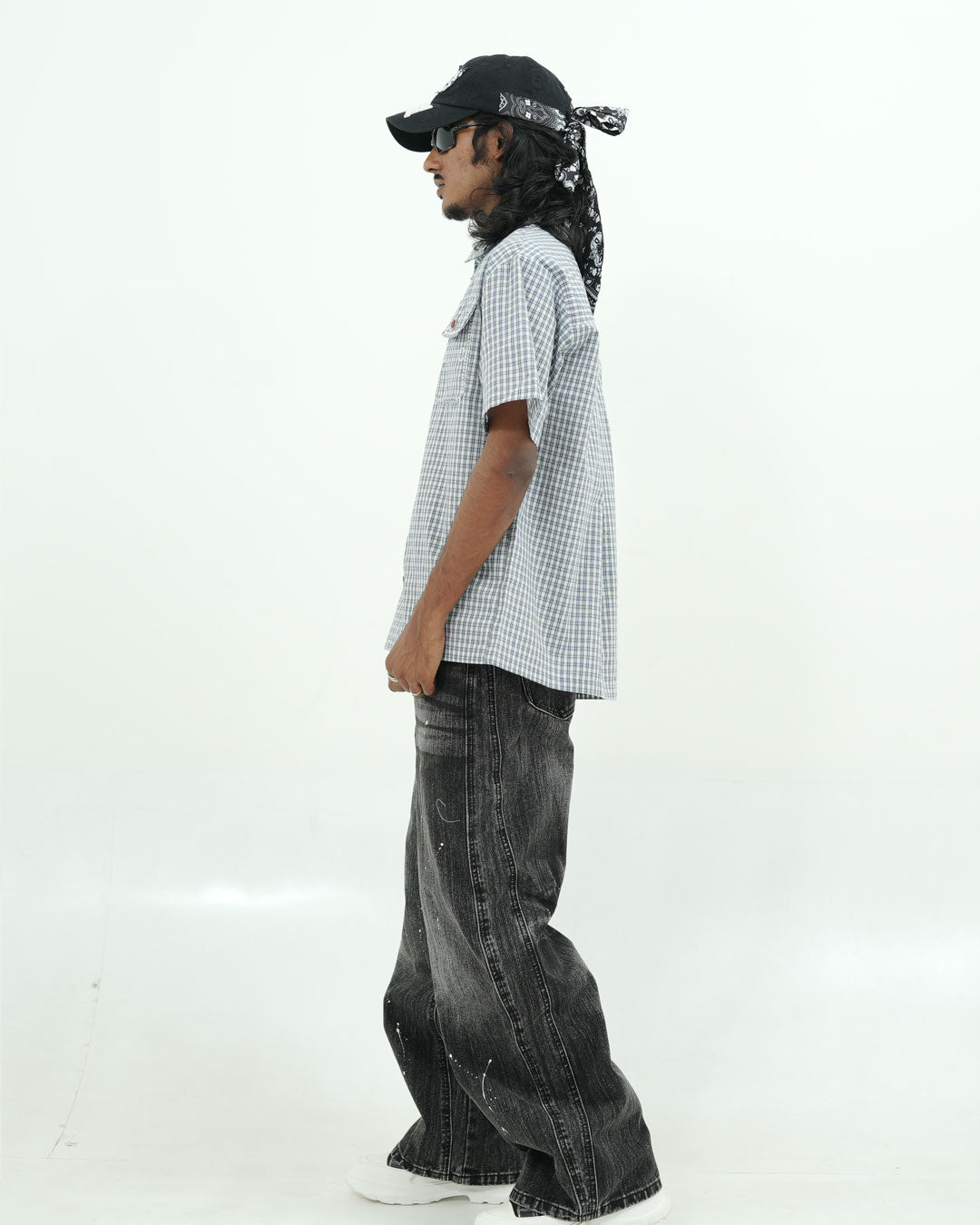 BLUE CHECK UTILITY POCKET OVERSIZED HALF SLEEVE SHIRT