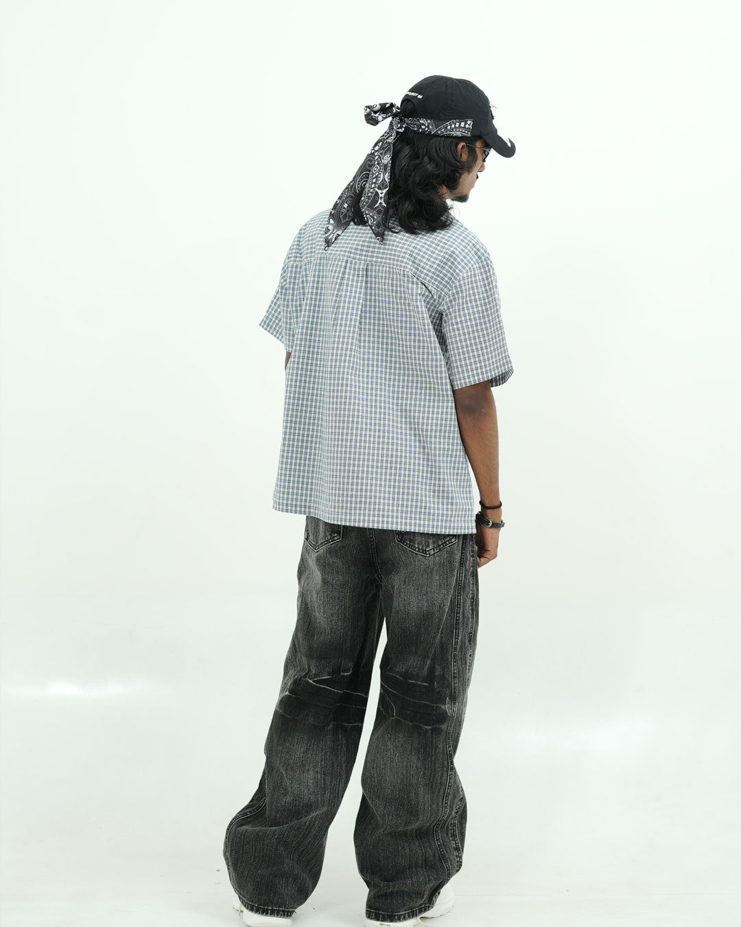 BLUE CHECK UTILITY POCKET OVERSIZED HALF SLEEVE SHIRT