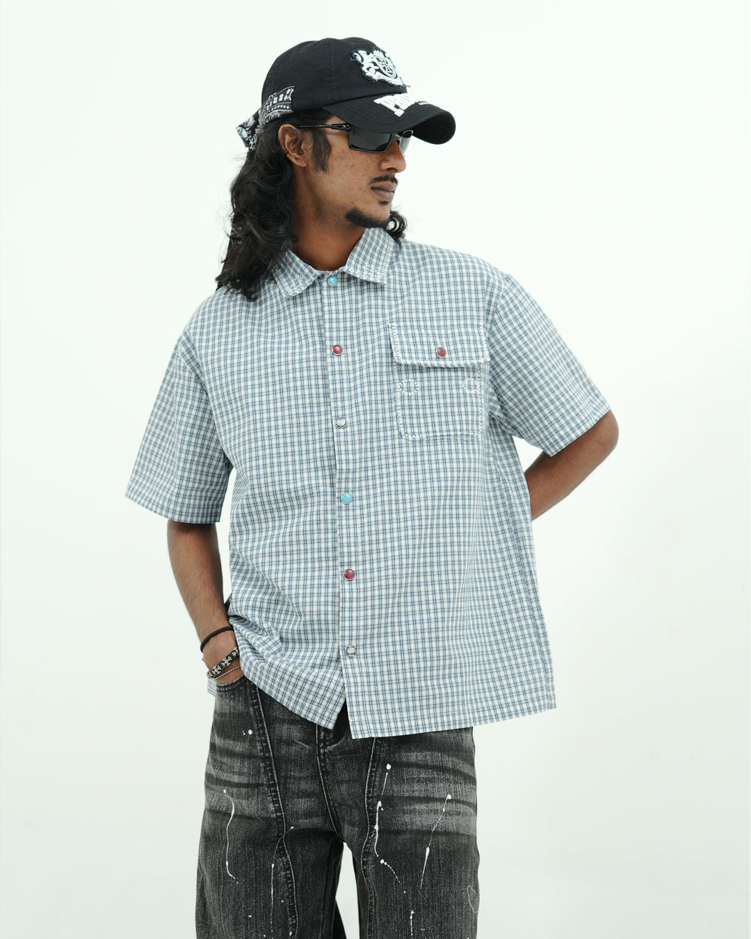 BLUE CHECK UTILITY POCKET OVERSIZED HALF SLEEVE SHIRT