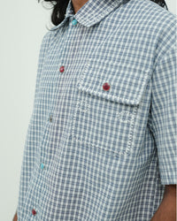 BLUE CHECK UTILITY POCKET OVERSIZED HALF SLEEVE SHIRT