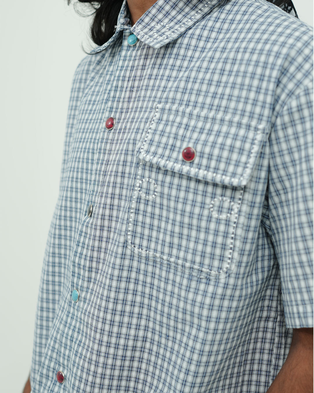 BLUE CHECK UTILITY POCKET OVERSIZED HALF SLEEVE SHIRT