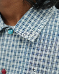 BLUE CHECK UTILITY POCKET OVERSIZED HALF SLEEVE SHIRT