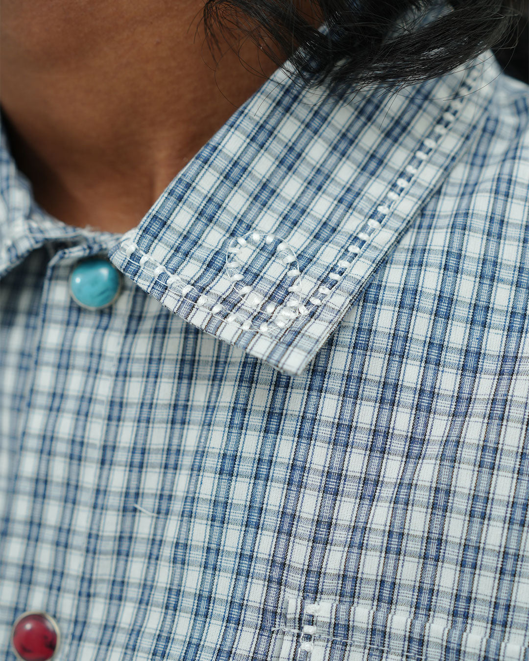 BLUE CHECK UTILITY POCKET OVERSIZED HALF SLEEVE SHIRT