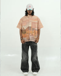 OVERSIZED DESERT LANDSCAPE PRINT HALF SLEEVE SHIRT