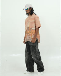OVERSIZED DESERT LANDSCAPE PRINT HALF SLEEVE SHIRT