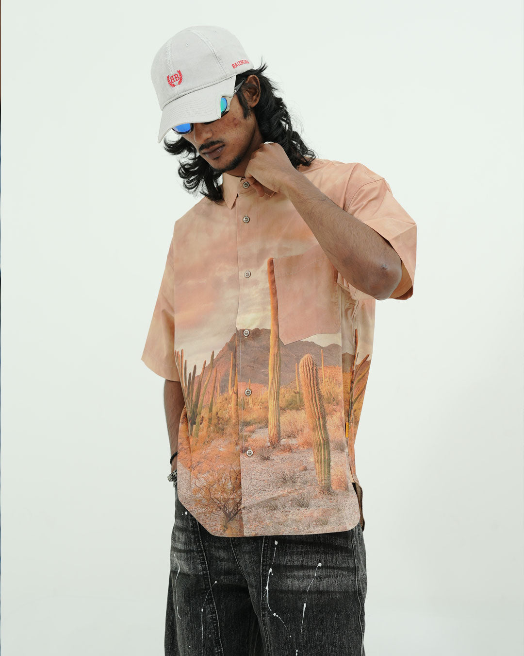 OVERSIZED DESERT LANDSCAPE PRINT HALF SLEEVE SHIRT