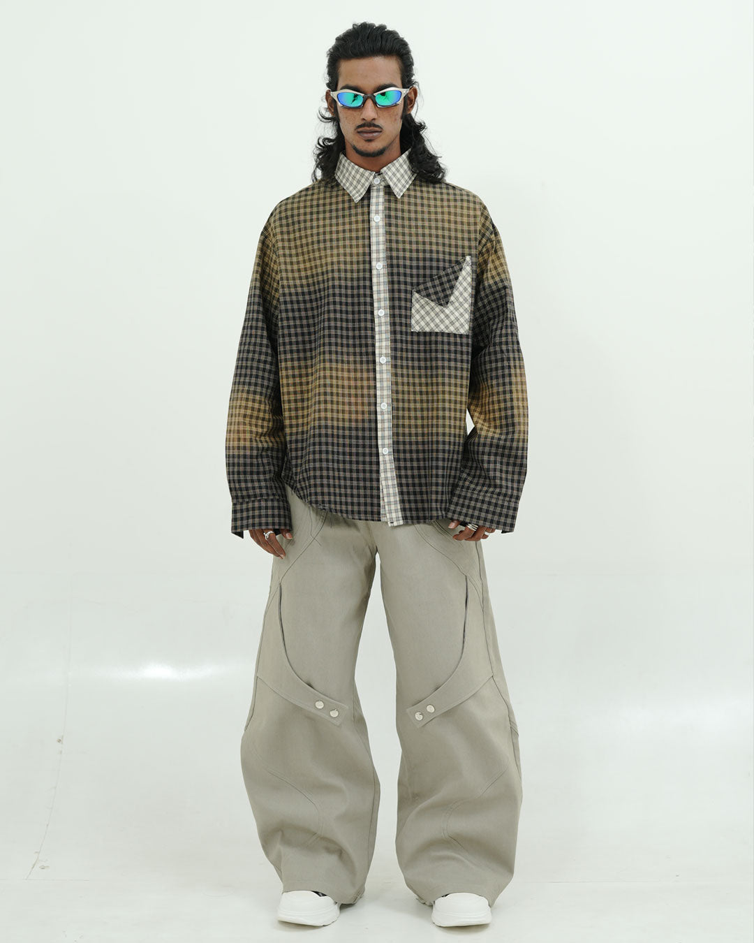 Gradient Check Oversized Patch Pocket Shirt