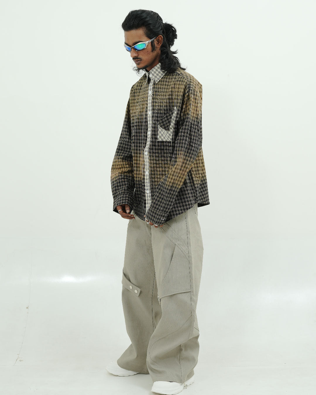 Gradient Check Oversized Patch Pocket Shirt