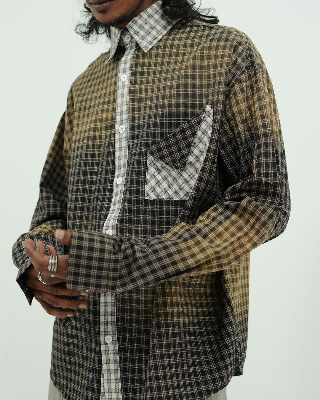 Gradient Check Oversized Patch Pocket Shirt