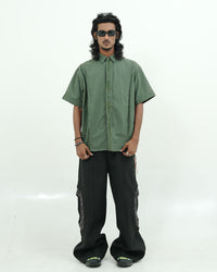 Olive Green Embroidered Short Sleeve Shirt with Bead Detail
