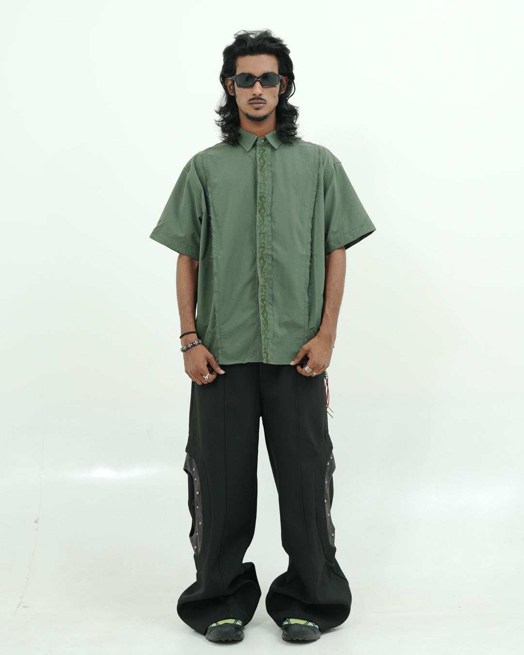 Olive Green Embroidered Short Sleeve Shirt with Bead Detail