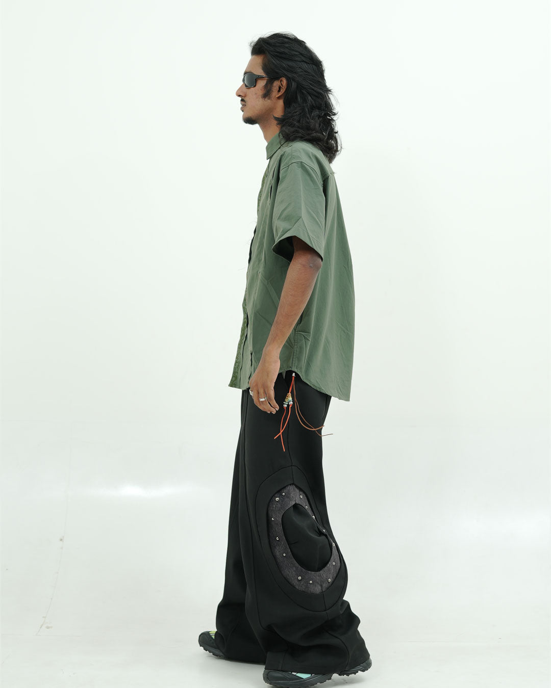 Olive Green Embroidered Short Sleeve Shirt with Bead Detail