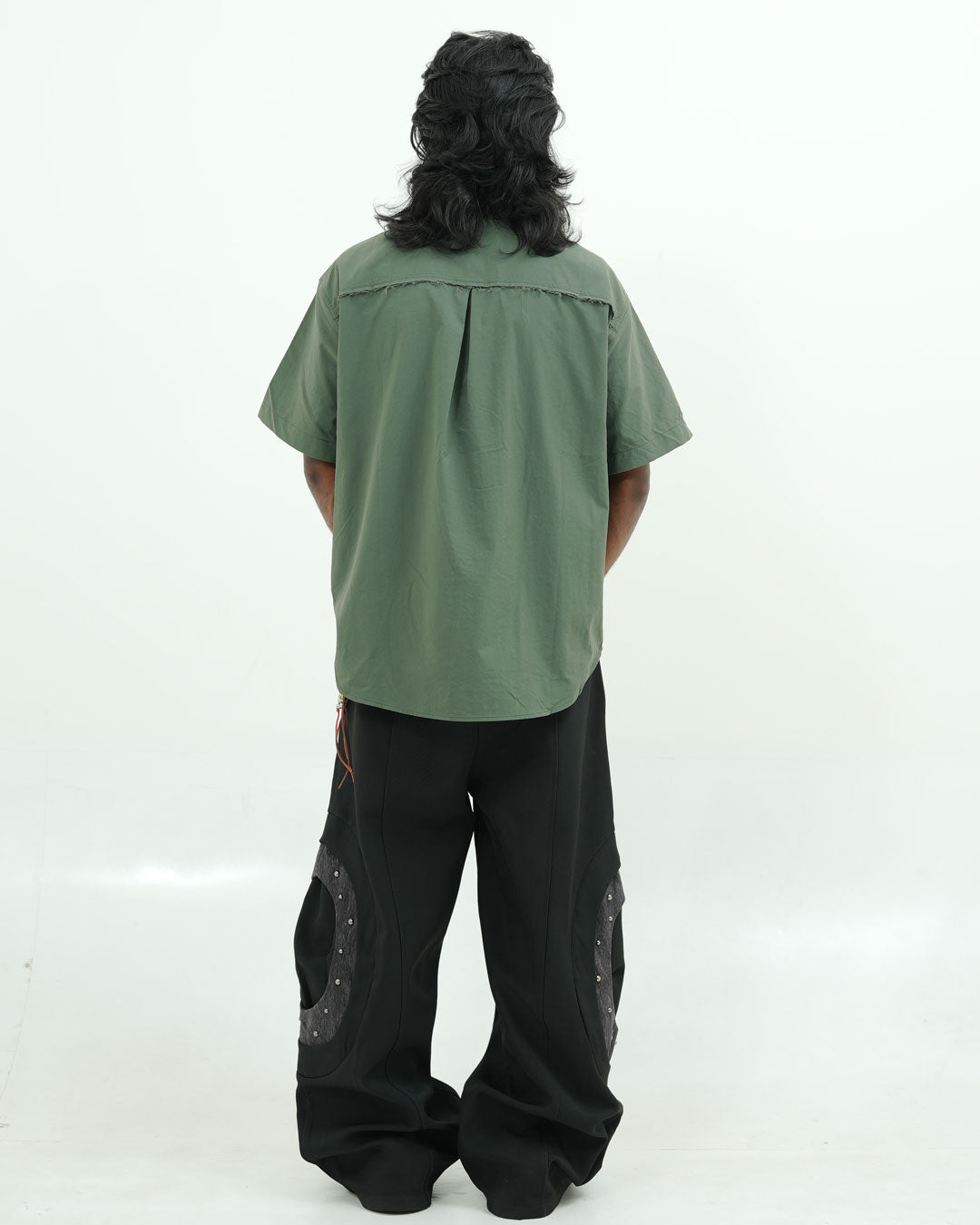 Olive Green Embroidered Short Sleeve Shirt with Bead Detail