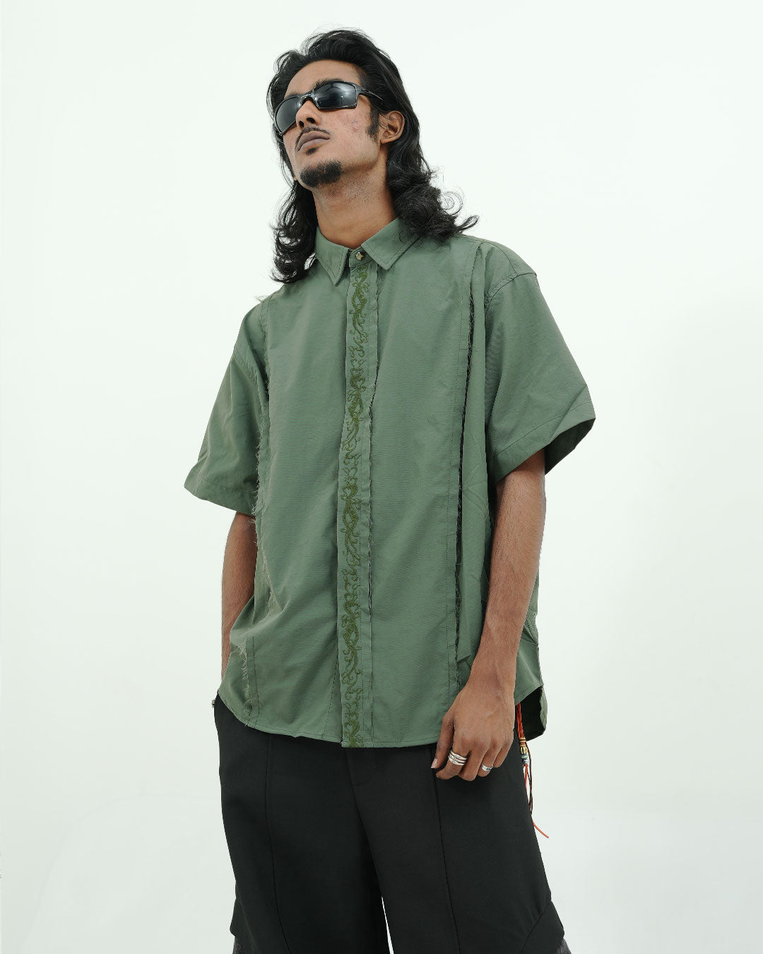 Olive Green Embroidered Short Sleeve Shirt with Bead Detail