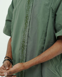 Olive Green Embroidered Short Sleeve Shirt with Bead Detail