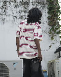 Retro Striped Oversized Tee – Cream & Maroon