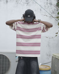 Retro Striped Oversized Tee – Cream & Maroon