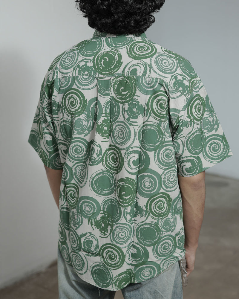 Abstract Spiral Print Green Oversized Shirt