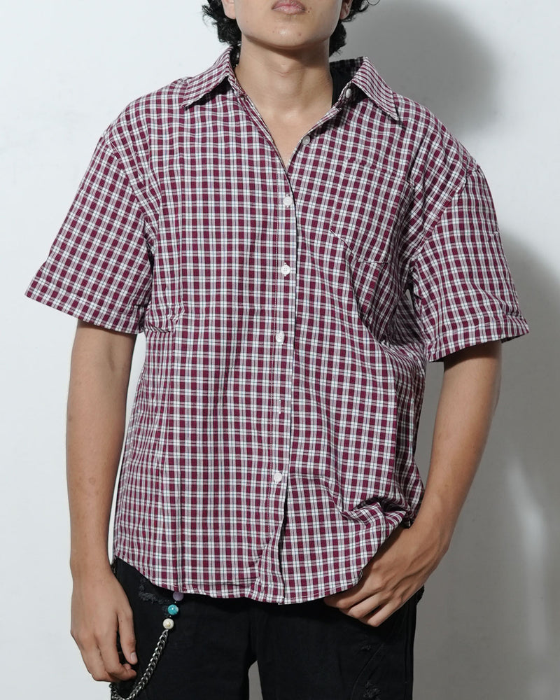 Men’s Maroon Checkered Short Sleeve Shirt