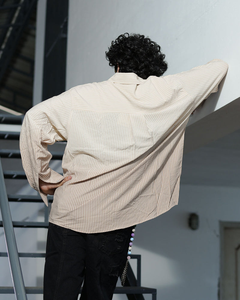 Patchwork Striped Oversized Shirt – Beige Blend
