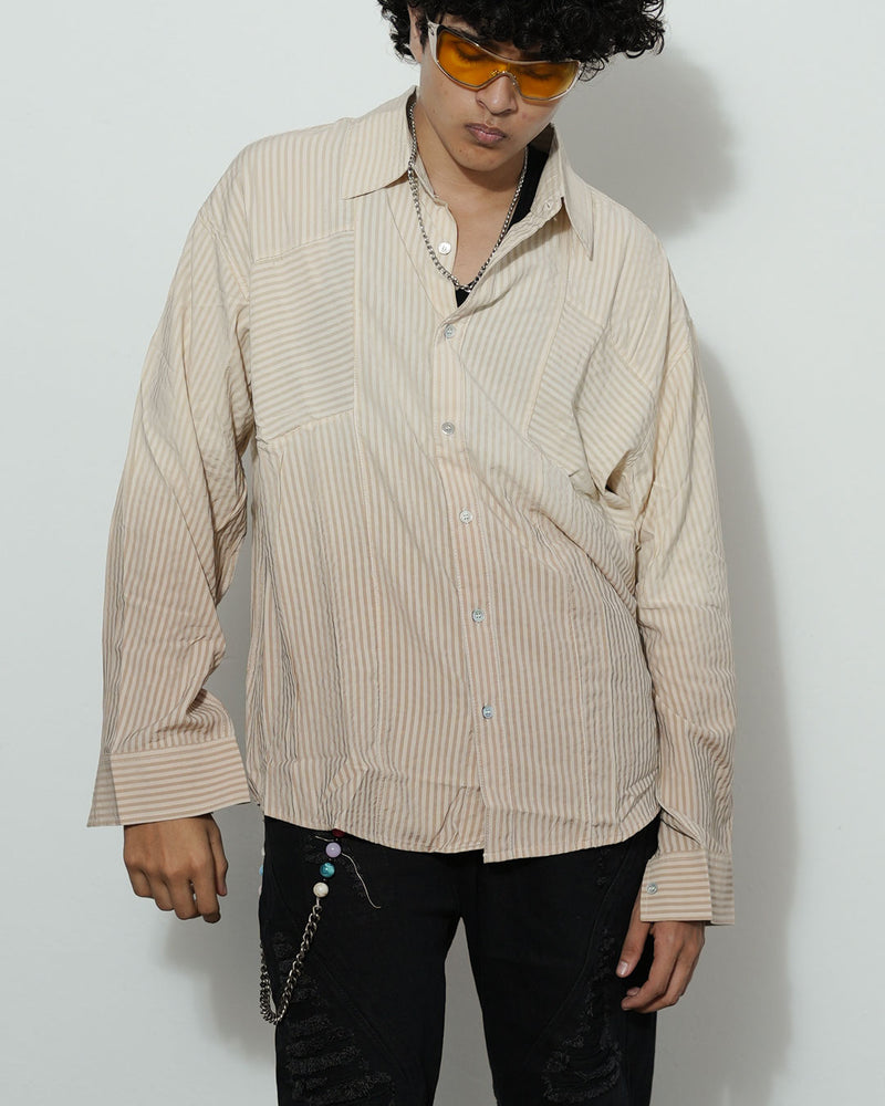 Patchwork Striped Oversized Shirt – Beige Blend